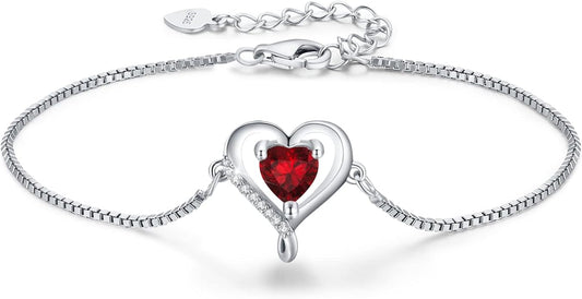 LAVUMO Love Heart Bracelets for Women 925 Silver Charm Birthstone Bracelet Adjustable Anniversary Birthday Jewelry Gifts for Women Girlfriend Wife Daughter Mom Her
