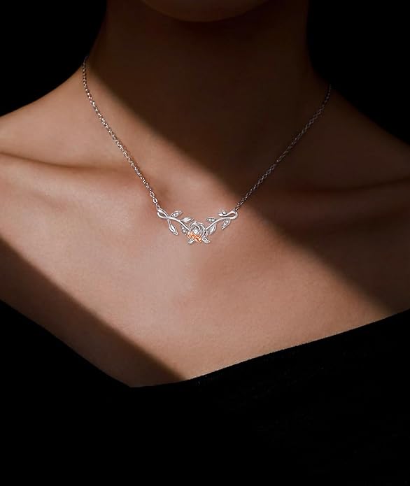 1/20 Carat Diamond Rose Necklace for Women 925 Sterling Silver Rose Flower Vine Pendant Necklaces 18K Gold Plated Fine Jewelry