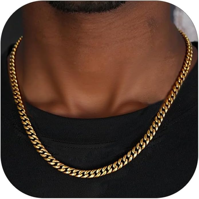 ChainsHouse Miami Cuban Link Chain Necklace for Men, 4.8mm/6mm/10mm/14mm Width, 14K Gold Plated/Stainless Steel/Black Mens Chunky Hip Hop Necklace Curb Chains, 14"-30" Length, Come Gift Box