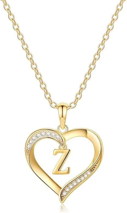 Heart Initial Necklace for Women, 14K Gold Plated Cubic Zirconia Heart Pendant Necklace, Dainty Initial Charm Necklace Letter A to Z Initial Jewelry for Women Girls