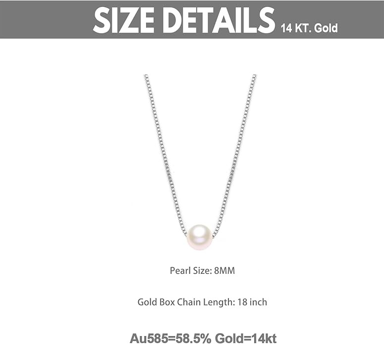 14K Yellow Gold Pearl Necklace for Women, Real Gold Durable Box Chain with Single Cultured Pearl Pendant Necklace Anniversary Birthday Gift for Her, Wife, Mother, Girl 18 Inch