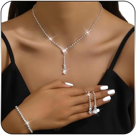 MIFYNN Rhinestone Wedding Set for Women Sparkle Crystal Earrings Necklace Bracelet Jewelry Set Wedding Party Prom Jewelry Set for Brides Bridesmaid