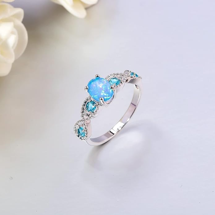 CiNily 18K Gold Plated Opal Ring-White Fire Opal & Amethyst & Cubic Zirconia Women Jewelry Gemstone Engagement Anniversary Ring Size 5-13