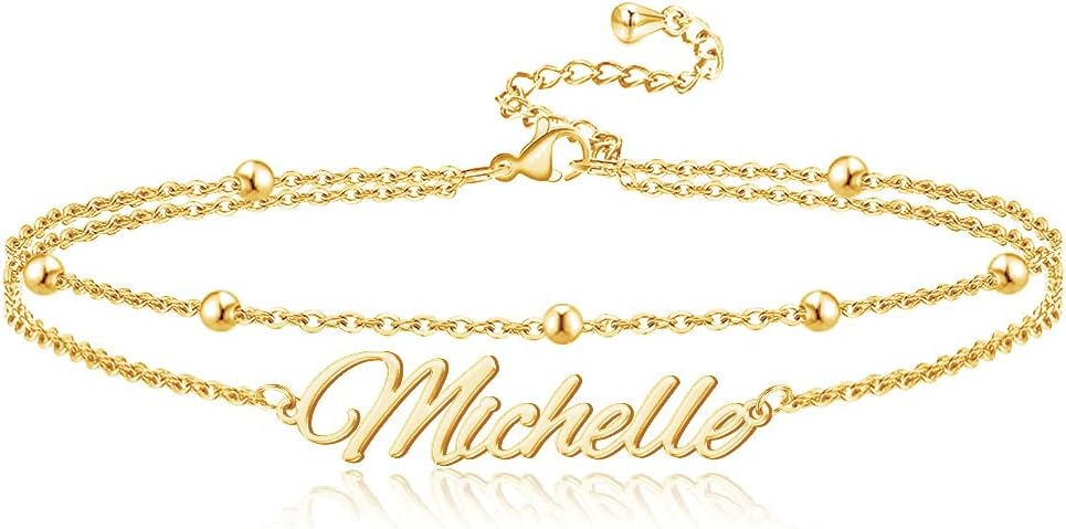 Personalized Name Ankle Bracelet for Women Custom Layered Name Anklet with Initials 18K Gold Plated Graduation Gift Customized Anklets for Women 8.7”-10.7”