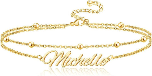 Personalized Name Ankle Bracelet for Women Custom Layered Name Anklet with Initials 18K Gold Plated Graduation Gift Customized Anklets for Women 8.7”-10.7”
