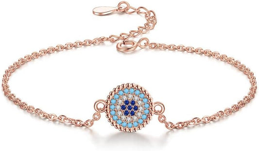 14K Gold Sapphire Evil Eye Bracelet for Women,Dainty Natural Gemstone Round Devil's Eye Adjustable Chain Bracelet,Lucky Jewelry Gift for Her