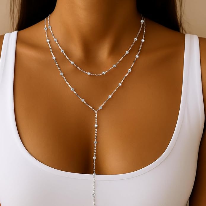 HAXIYA Lariat Gold Necklace for Women Dainty Long Necklace 14k Gold Plated/Silver Y-Shaped Pendant Drop Chain Trendy Layered Pearl/Beaded/CZ Necklaces Simple Gold Jewelry For Women Gift
