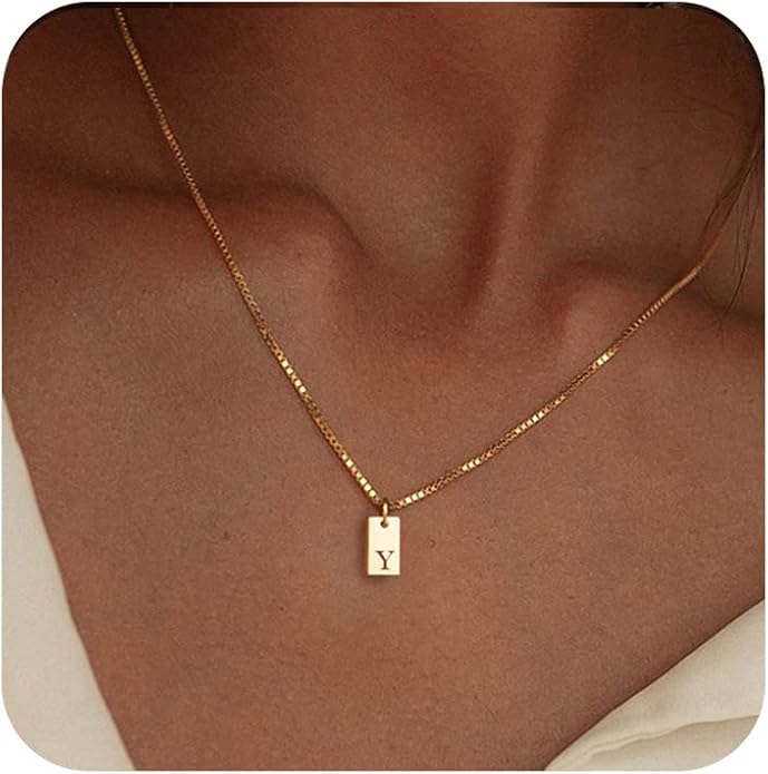 Initial Necklaces for Women 14K Gold Plated Letter Necklace Dainty Gold Name Necklace Personalized Initial Tag Pendant Necklace for Women Trendy Gold Jewelry