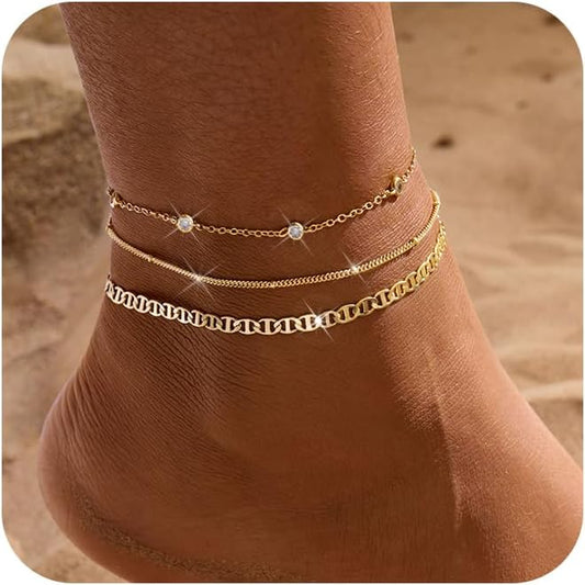 Gold Ankle Bracelets for women,14k Gold/Silver Plated Waterproof Layered lightweight Cuban Link Figaro Chain Heart anklet butterfly anklet Pearl Ankle Bracelets Set Gold Anklets for women Trendy Jewelry Gift for Women