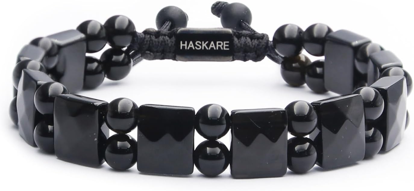 HASKARE Protection Healing Stone Bracelets for Men Unique Natural Crystal Black Obsidian Mens Bracelets, Masculine Energy Protection Men Beads Bracelet for Anxiety, Handmade Gifts for Husband Father