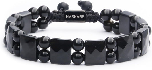 HASKARE Protection Healing Stone Bracelets for Men Unique Natural Crystal Black Obsidian Mens Bracelets, Masculine Energy Protection Men Beads Bracelet for Anxiety, Handmade Gifts for Husband Father