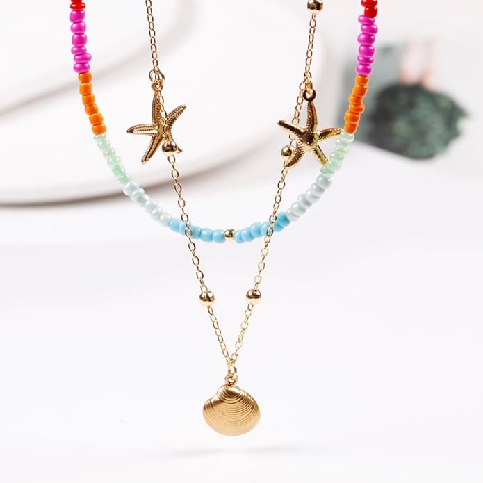 Da Piao Liang Handmade Multilayered Colorful Seed Beads Choker Necklace – Boho Starfish Creative Beach Jewelry for Women – Summer Necklace