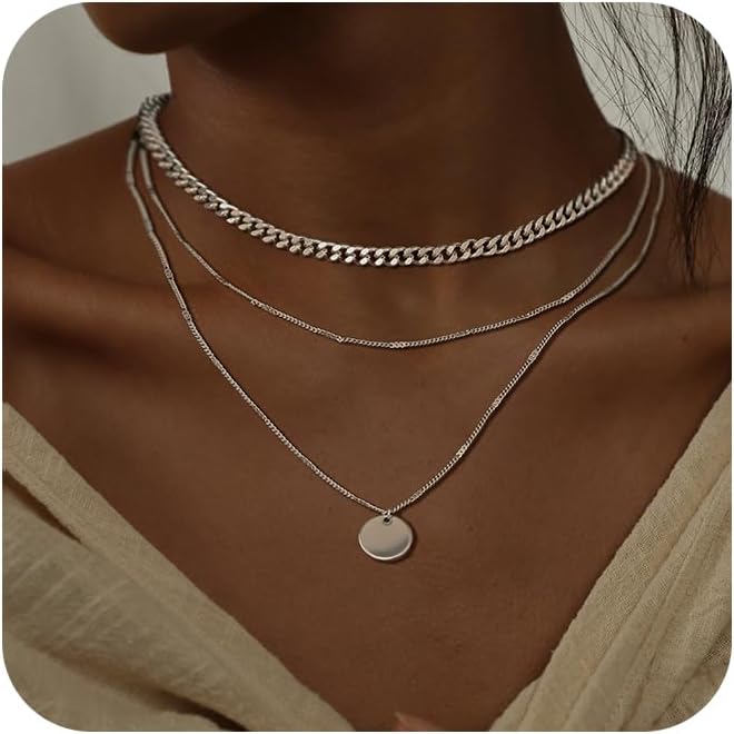 Layered Gold Silver Necklaces for Women, Stackable Stack 14K Real Gold Plated Silver Chain Necklace Diamond Circle CZ Layering Pendant Necklaces Trendy Gold Jewelry Set Gifts