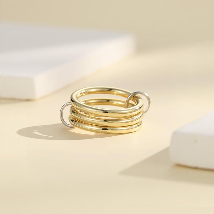 Emibele 14K Gold Plated Stackable Rings for Women, Interlocking Non Tarnish Gold Rings, Silver Dainty Cubic Zirconia Bands, Two-Toned Mixed Metal Stacking Band, Trendy Jewelry Gifts for Women