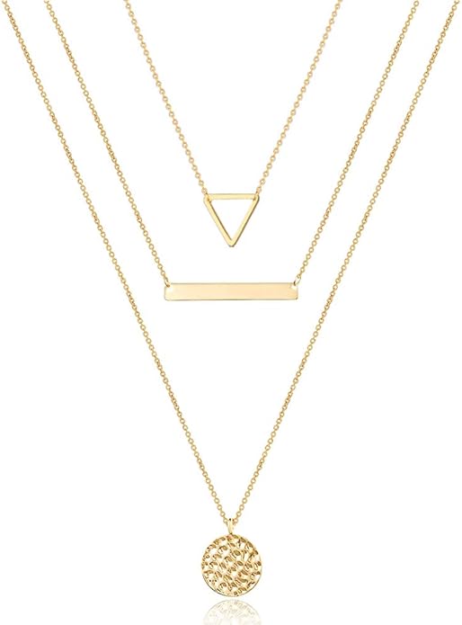 Turandoss Dainty Layered Choker Necklace, Handmade Y Pendant Necklace Multilayer Bar Disc Necklace Adjustable Layering Choker Necklaces for Women