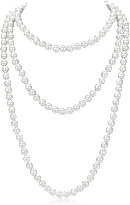 59" Long Pearl Necklaces for Women, Vintage Elegant Long Pearls Necklace for Wedding Party 1920s Gatsby Costume Jewelry