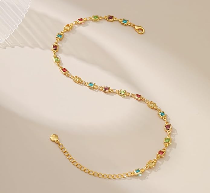 18K Gold Plated Anklet for Women Multicolor Crystal Ankle Bracelets Boho Adjustable Chain Anklets