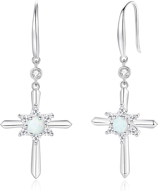FANCIME Cross Dangle Drop Earrings 925 Sterling Silver Dainty Round Birthstone Earring Fine Jewelry Birthday Gifts for Her Women