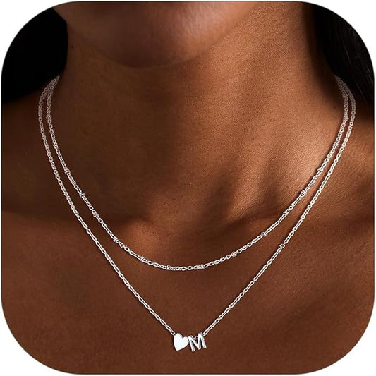FOCALOOK Layered Initial Necklace for Women, 14K Gold Plated Choker Necklaces Stacks with Initial A-Z, Dainty Silver Heart Pendant Necklace Personalized Birthday Women Jewelry