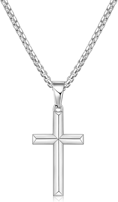 Fiusem Beveled Edge Cross Necklace for Men, Silver Tone/Black/14K Gold Plated Mens Cross Necklace, 2.5MM Stainless Steel Box Chain with Pendant