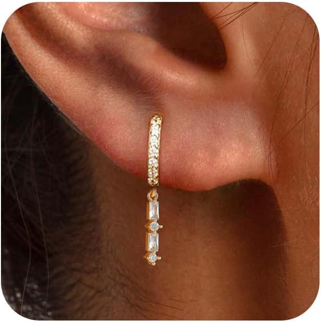 14K Gold Plated Dangle Earrings for Women - Dainty, Trendy, Hypoallergenic CZ Drop Earrings - Simple Long Dangling Jewelry
