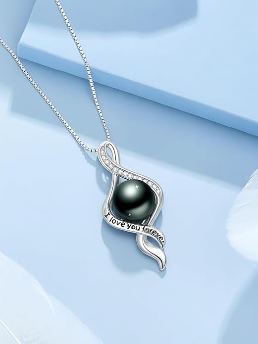 KANNSOAR Tahitian Black Pearl 18K White Gold Plated Sterling Silver Heart/Infinity/Four Leaf Clover Pendant Necklace Jewelry Gifts for Women Wife Mom Girlfriend Wedding Birthday Anniversary Christmas