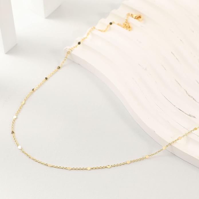 14K Gold Necklace for Women, Womens Dainty Chain Necklace Plated Shining Dots Satellite Choker Box Chain, Women Layering Necklaces