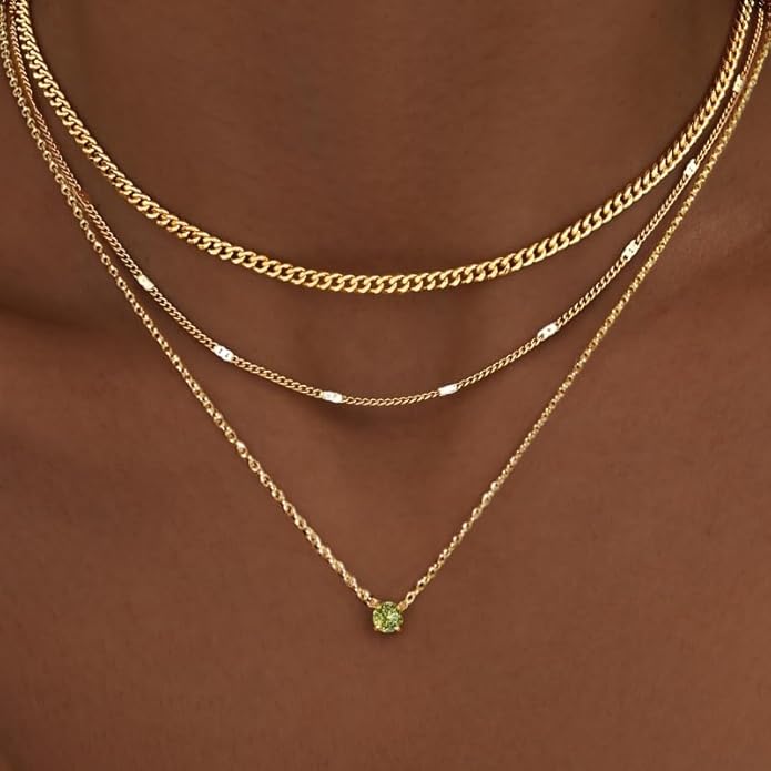 WomenGifts Layered Gold Necklaces for Women, 14K Gold Sterling Silver Plated Dainty Pendant Necklace Set with Cubic Zirconia Circle, Chunky Stackable Cuban Chain Choker, Trendy Personalized Birthstone Jewelry Gift Non Tarnish