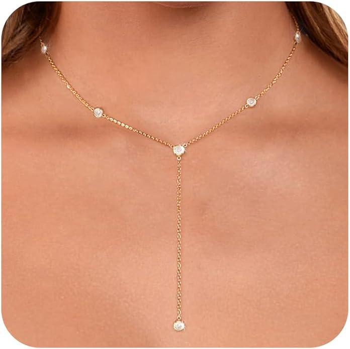 Gold Necklace for Women Trendy Lariat Y Necklace Dainty 14k Gold Plated/Silver Long Necklaces for Women Layered Beaded Drop Necklaces Simple Y-Shaped Chain Jewelry Gifts