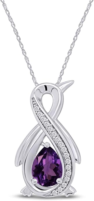 Infinity Penguin Pendant Necklace for Women, 14K Gold Over Sterling Silver with Pear & Round Cut Simulated Birthstone & White Diamond Accents, Dainty Animal Jewelry Gift with 18" Chain