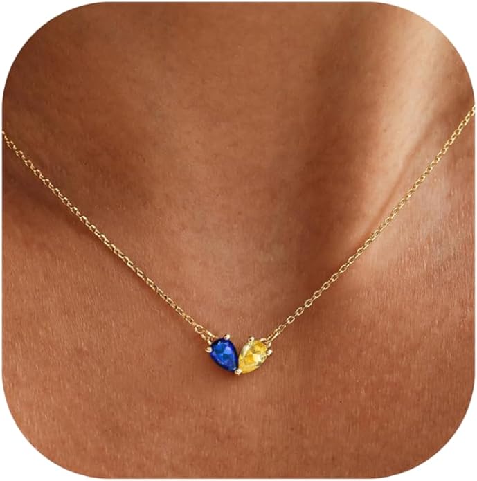 KOHOTA Gold Birthstone Necklace for Women Non Tarnish 14K Gold Plated CZ Heart Pendant Necklaces Dainty 2 Birthstones Emerald Green Charm Necklace for Mother and Daughter Birthday Jewelry Gifts