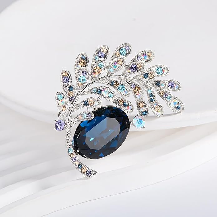 14K Gold Vintage Crystal Feather Brooch, Moissanite Detailing, Chic Statement Pin for Coats and Fashion Ensembles