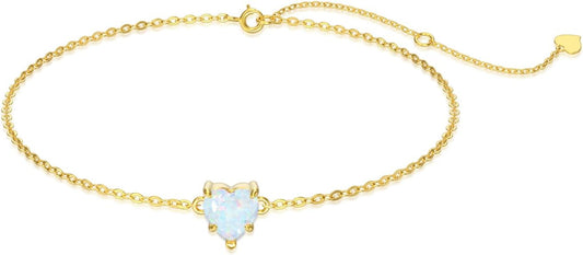 14k Gold Love Heart Gemstone Bracelet for Women,7MM Heart-cut Created Birthstone Anniversary Birthday Mother's Day Bracelets Jewelry for Mom Her 6.5''+2''