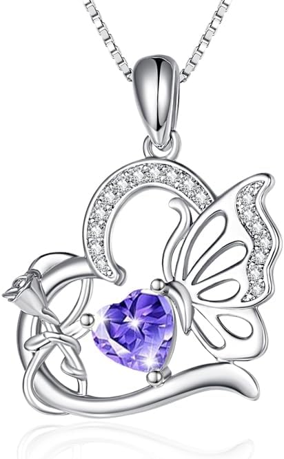 Birthstone Heart butterfly Necklace for Women, Infinity Pendant 14K Gold /18K White Gold Womens Necklaces, Jewelry Anniversary Birthday Christmas Gifts for Her Mom Wife﻿