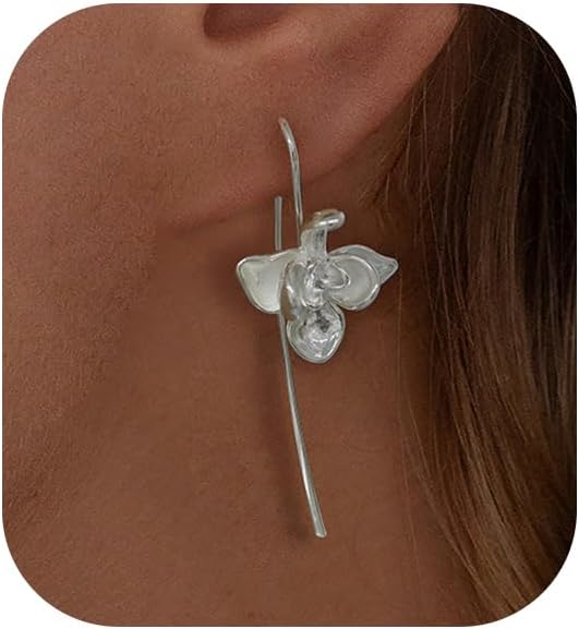 Statement Earrings for Women, Hypoallergenic 14k Gold Plated Chunky Flower Earrings Long Dangle Drop Floral Earring Simple Gold Earrings for Women Trendy Jewelry Gifts