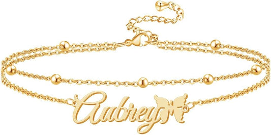 Custom Bracelet with Name 18K Gold Plated Personalized Name Ankle Bracelet Adjustable, Customized Beach Jewelry Gifts for Women Girlfriend
