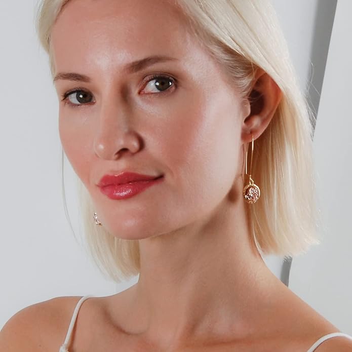 Simulated Druzy Threader Drop Earrings for Women - Gold, Silver, or Rose Gold Tone Trendy Boho Dangles with Sparkly Round Stone