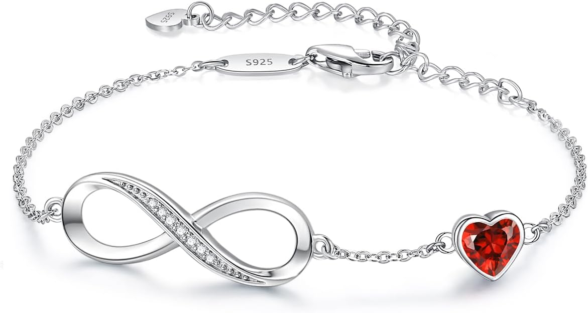 CDE Infinity Heart Birthstone Charm Link Bracelet for Women 925 Sterling Silver Adjustable Mother's Day Gift Anniversary Birthday Jewelry for Wife Girlfriend Her