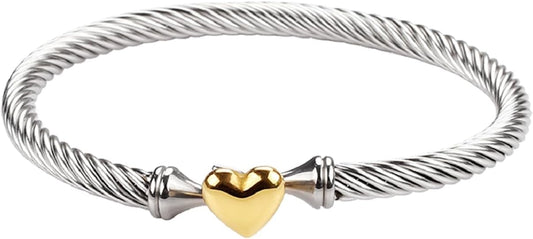 Adjustable Twist Stainless Steel Cable Wire 14K Gold Plated Love Heart Charm Bracelets Friendship Open Bangle Wrist Cuff for Women Men