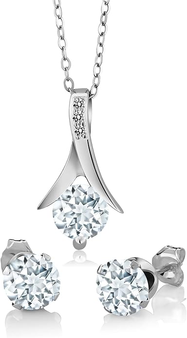 Gem Stone King 2.30 Cttw Sky Blue Aquamarine and White Diamond Pendant Earrings Jewelry Set Gift Set For Women | 925 Sterling Silver | 6MM Round Cut | With 18 Inch Silver Chain