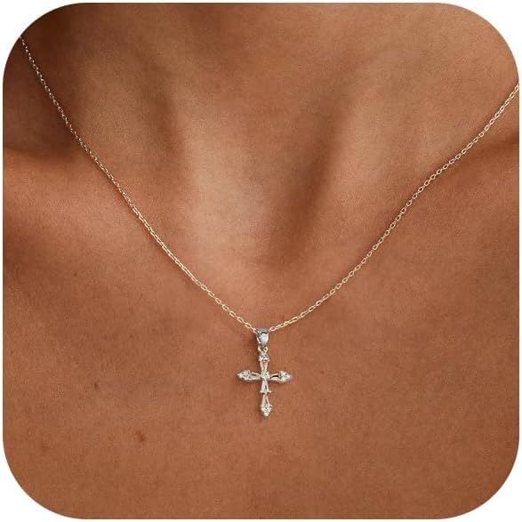 VIROMY Gold Cross Necklace for Women - Dainty Diamond Cross Pendant Necklaces Non Tarnish Waterproof Necklace Simple Choker Minimalist Jewelry