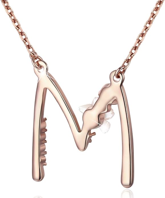 Flower Initial Letter Necklace Pink Red Blue Simulated Pearl Pendant Name Jewelry Made with Austrian Crystals Rose Gold Plated Anniversary Birthday Gifts for Women,18"+2"