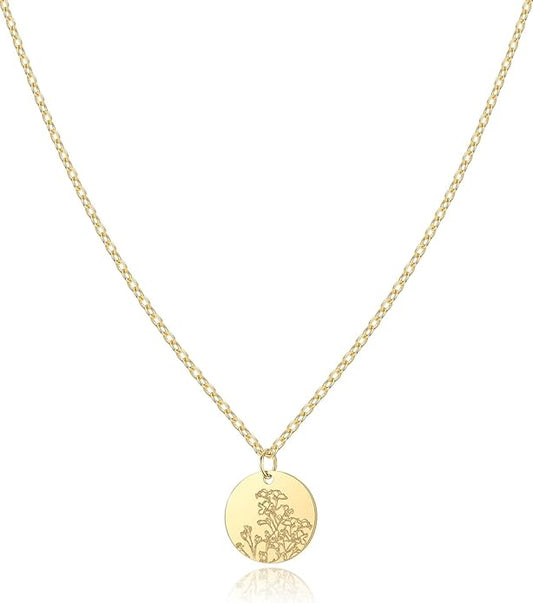 Birth Flower Necklace, 14K Gold Plated Floral Pendant Necklaces for Women, Simple Dainty Birth Month Flower Necklace, Birthday Jewelry for Women - 12 Month