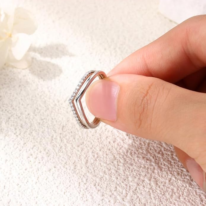 Dochais 2PCS Silver Rings for Women 925 Sterling Silver 14k Gold Plated Wishbone Ring Non Tarnish Wedding Bands Stackable Dainty V Shaped Rings CZ Wedding Rings Promise Ring Engagement 5-10