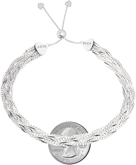 Savlano 925 Sterling Silver Braided Herringbone Chain Adjustable Bolo Slider Bracelet – 18K Gold Plated Over Silver Bracelet for Women - Made In Italy Comes with a Gift Box