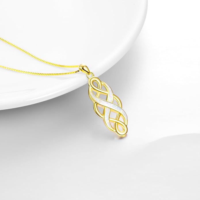 YFN Irish Celtic Knot Created Opal Pendant Necklace Sterling Silver Black Necklaces for Women Men 18"