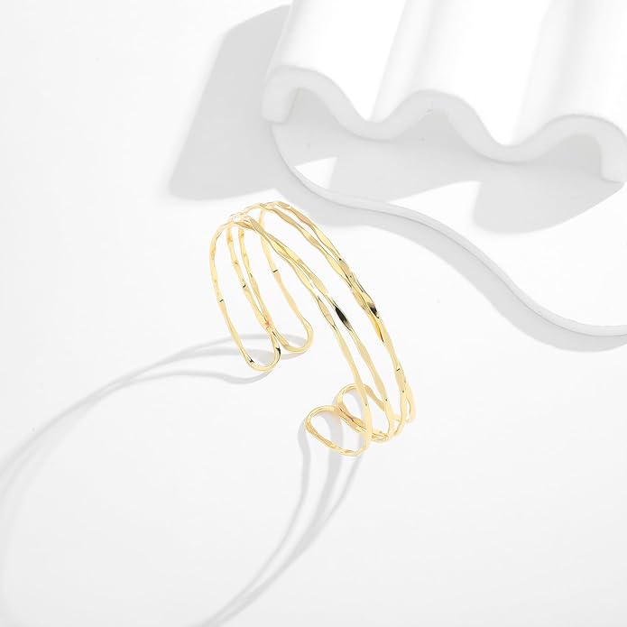 Gold Cuff Bracelet for Women Chunky Multi-layer Cross Wire Open Bracelet Hollow Wide Cuff Bracelets Adjustable Gold Open Cuff Bangle Bracelet