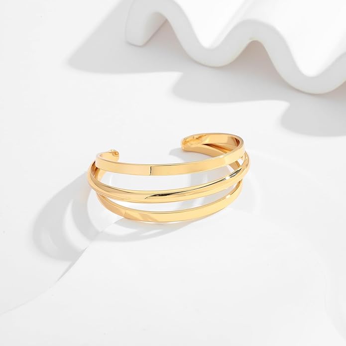 Gold Cuff Bracelet for Women Chunky Multi-layer Cross Wire Open Bracelet Hollow Wide Cuff Bracelets Adjustable Gold Open Cuff Bangle Bracelet