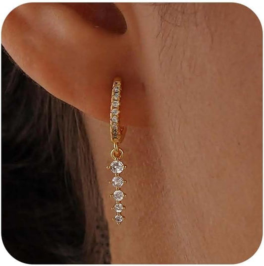14K Gold Plated Dangle Earrings for Women - Dainty, Trendy, Hypoallergenic CZ Drop Earrings - Simple Long Dangling Jewelry