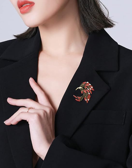 14K Gold Phoenix Tail Feather Brooch, Sparkling Moissanite Enamel Brooch - Beautiful Brooch Jewelry Gift